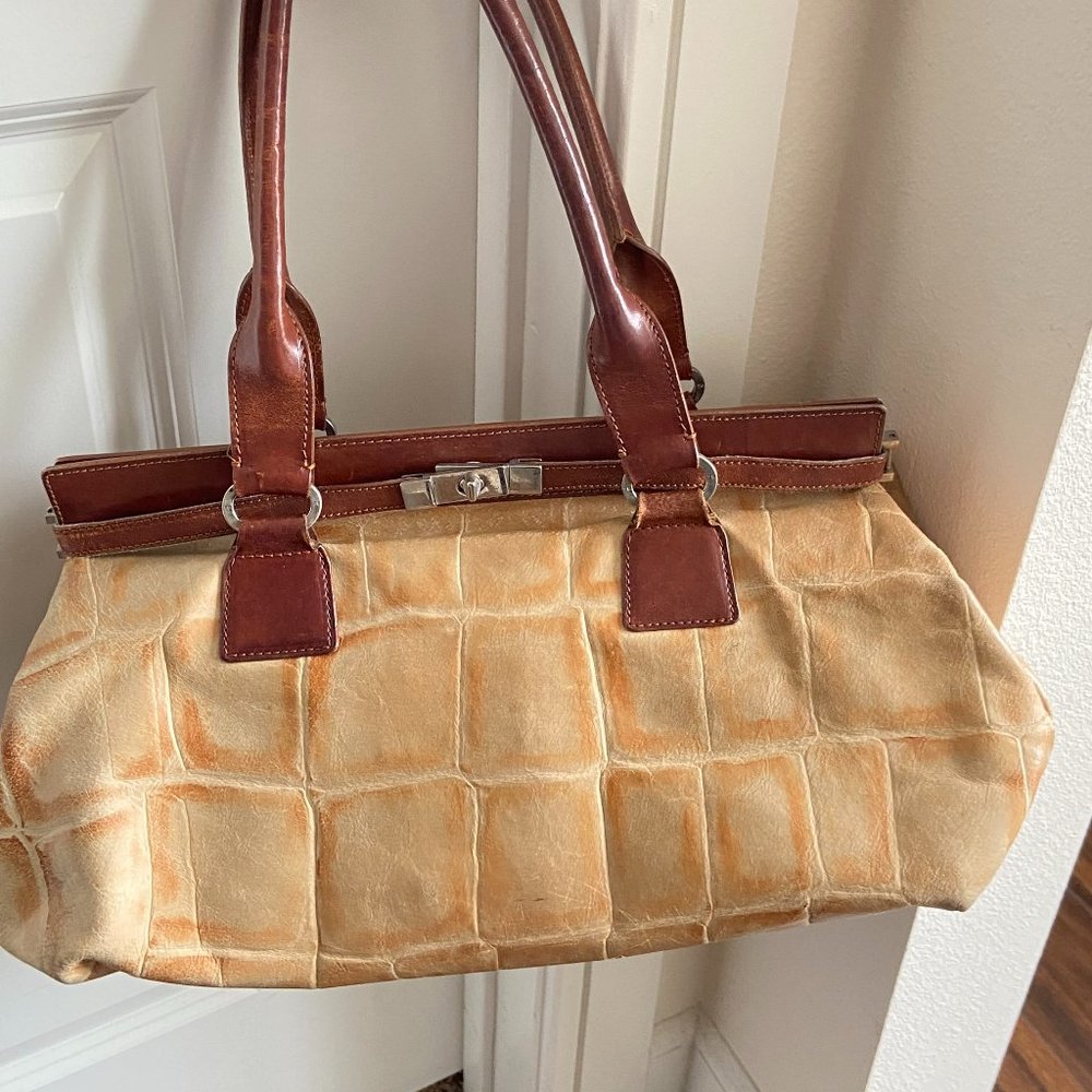 Beautiful Tosca Blu Tote Bag Made In Italy Beige/Cognac  17" x 12"
